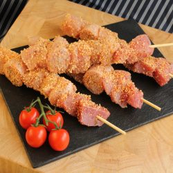 chicken, sausage and ham kebabs