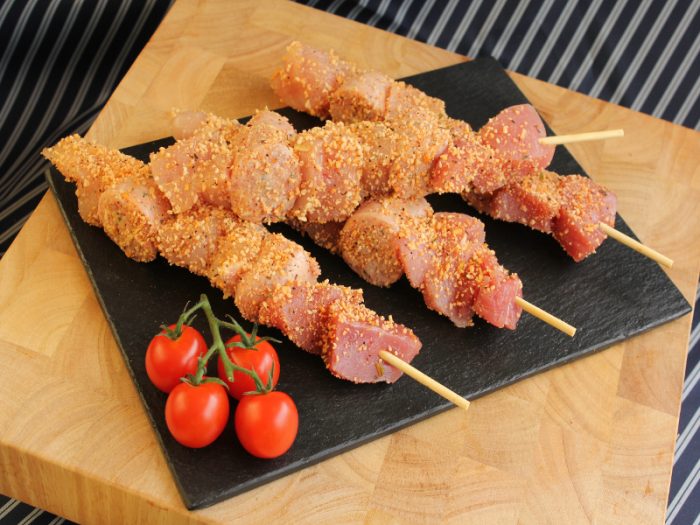 chicken, sausage and ham kebabs